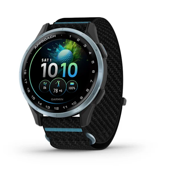 Garmin Approach J1   Cloud Blue Aluminum Bezel with Black/Azure ComfortFit Fabric Band
