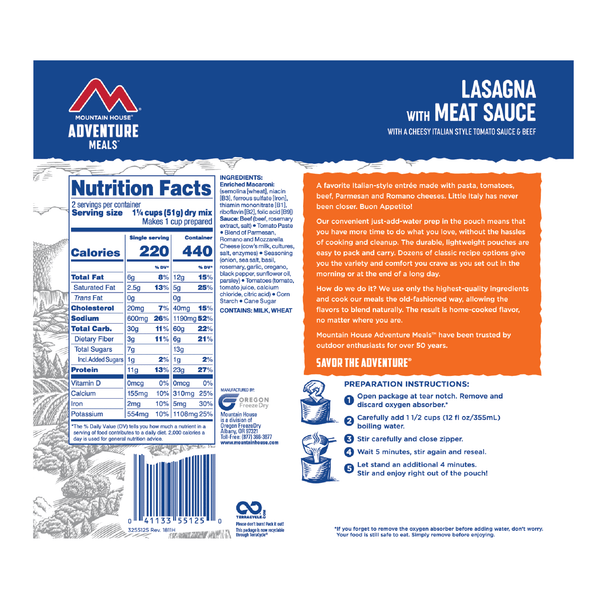Mountain House Lasagna With Meat Sauce - Ascent Outdoors LLC